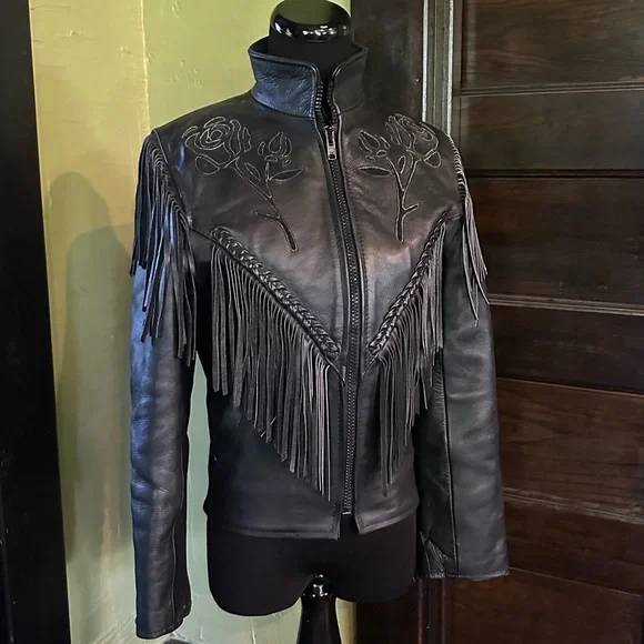 Black Fringe Leather Jacket vintage biker motorcycle jacket - Picture 2 of 10